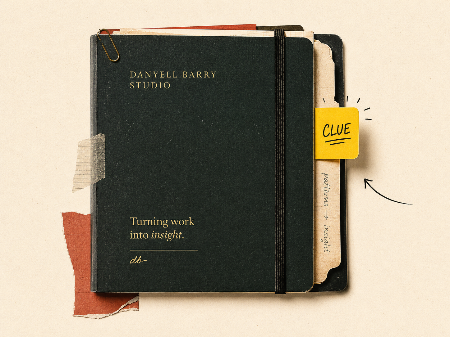 Editorial notebook image with a highlighted clue tab and the phrase Turning work into insight.